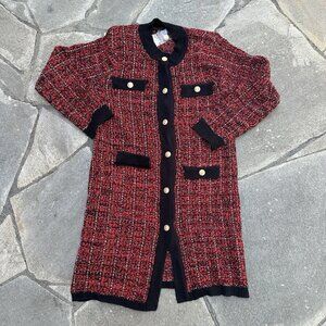 Knit Cardigan Coat Womens Medium Red Preppy Metallic Full Button Up Workwear